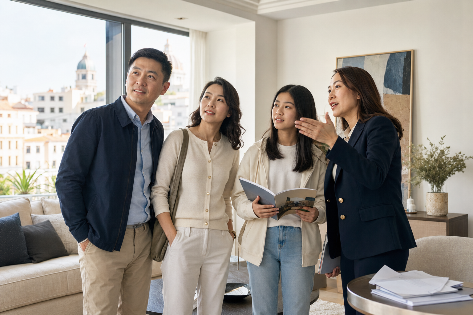 familia china evaluando vivienda en madrid